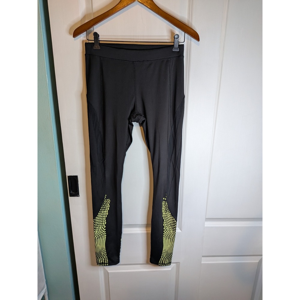 Kyodan Womens Black Neon Yellow Mesh Panel Activewear Leggings Small